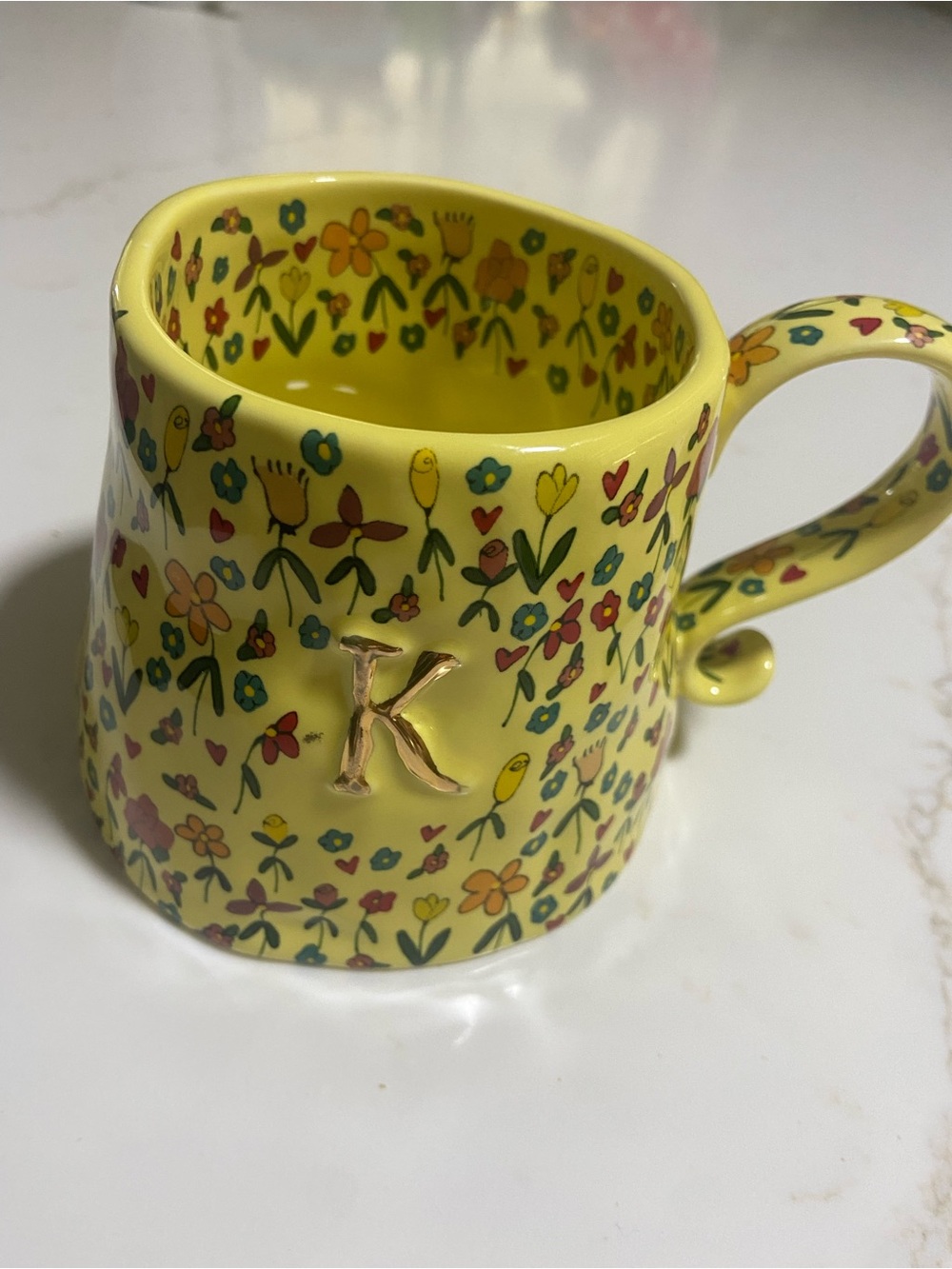 THE MUD FAIRY “K” Monogram ARTSY WHIMSICAL Yellow Floral Coffee Mug